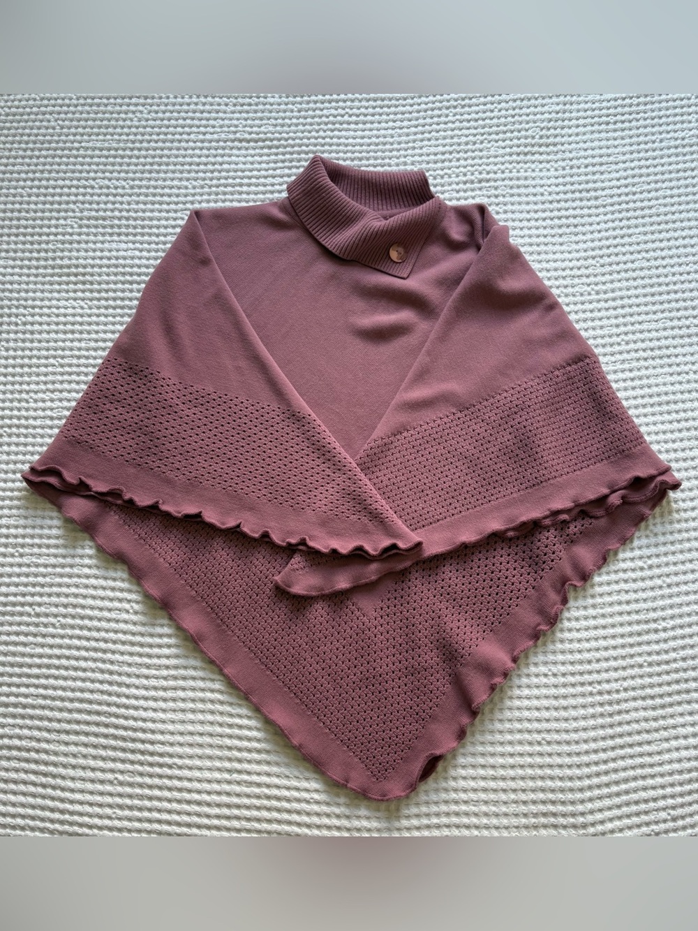 Dusty Mauve Knit Poncho Cape Mock Neck Button Pointelle Trim Lettuce Hem - OS